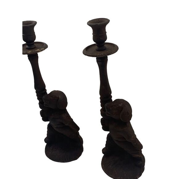 Vintage Cast Metal Iron Dogs Candlestick Candle Holder Set of 2 Dog Decor 12" - Picture 9 of 11